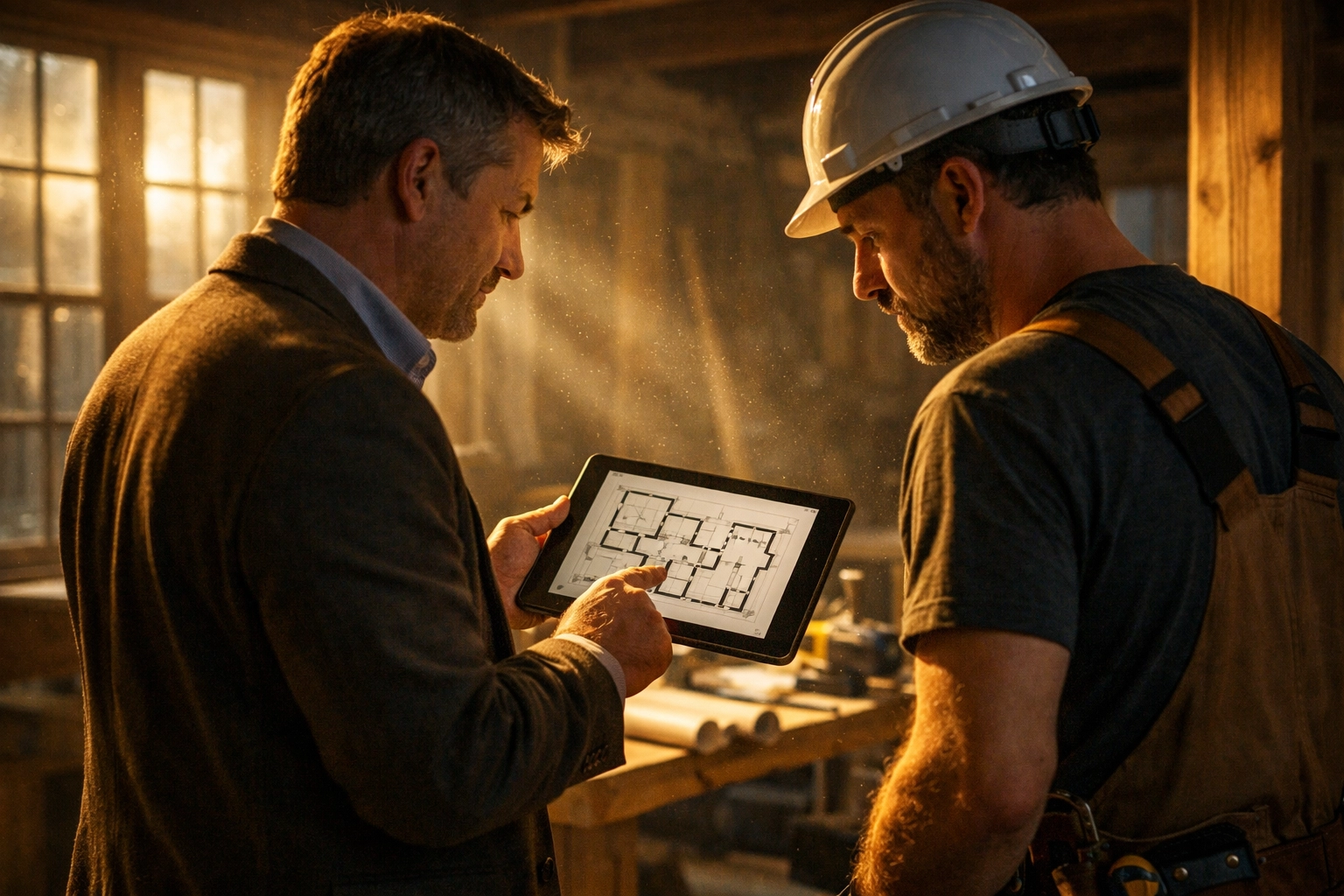 Expert building project management for a home renovation in West Sussex, reviewing construction plans.