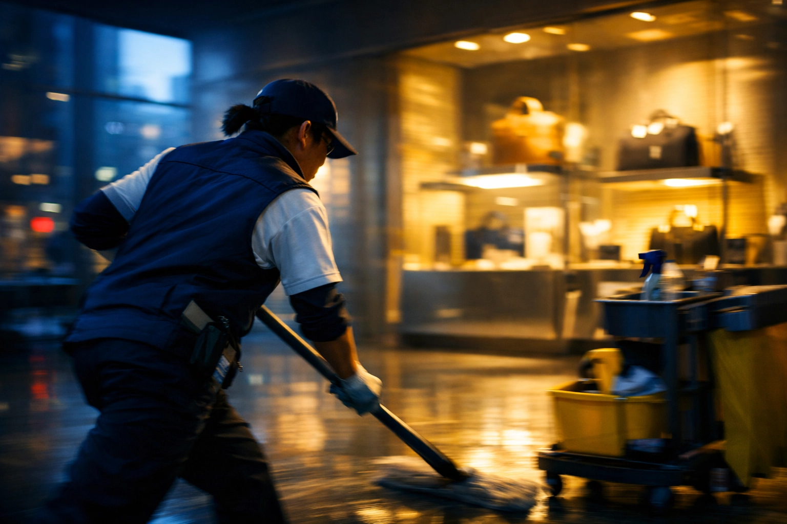 Professional cleaner in uniform providing efficient after-hours retail cleaning in a Boston gallery.