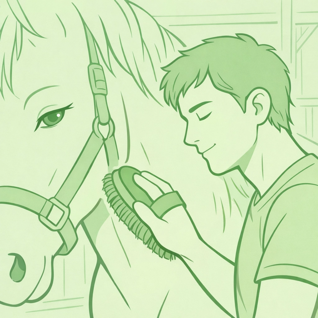 Young man grooming horse in peaceful equine therapy moment promoting acceptance