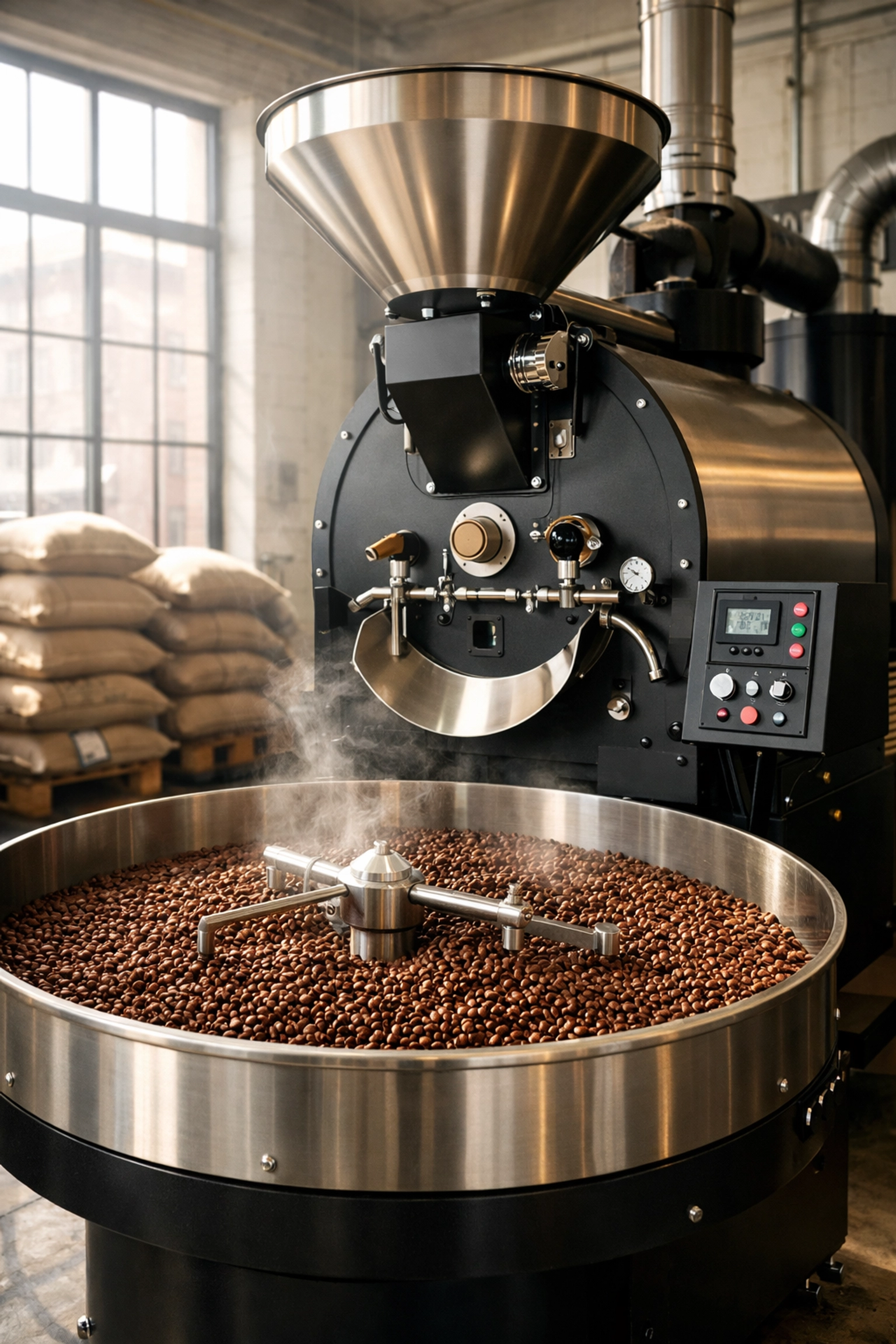 Professional wholesale coffee roaster machine with fresh roasted specialty beans in a sunlit warehouse.