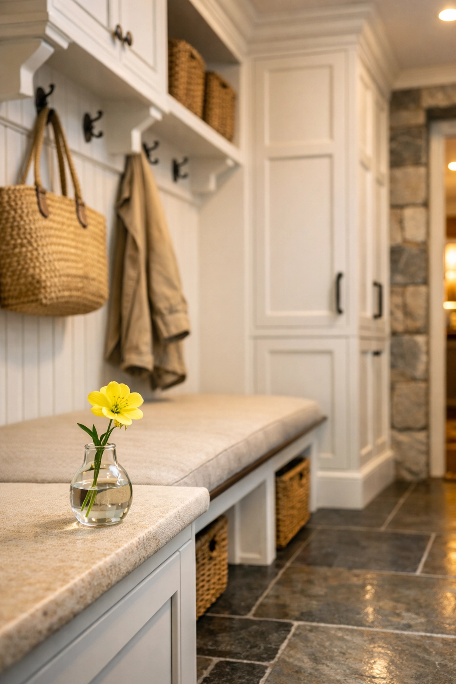 Clean and organized Sherborn estate mudroom showing the results of professional home cleaning.