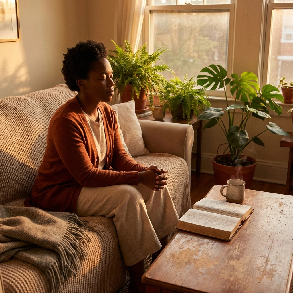 Woman meditating on a sofa in a peaceful home, practicing faith-based rest and spiritual renewal after work.