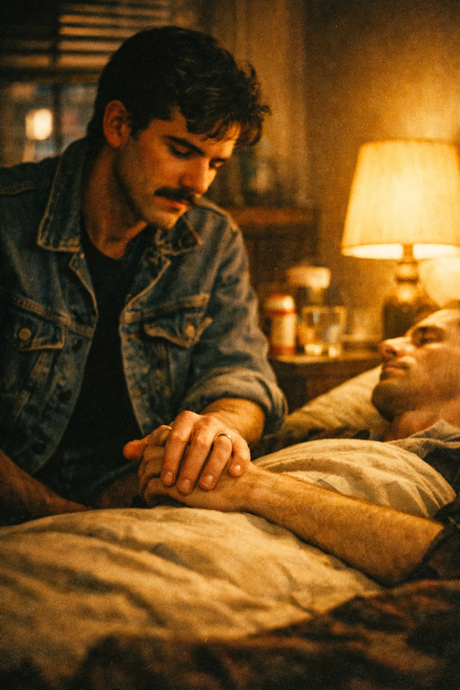 A young gay man holds the hand of a friend in a warm 1980s apartment, a scene often explored in gay historical romance.