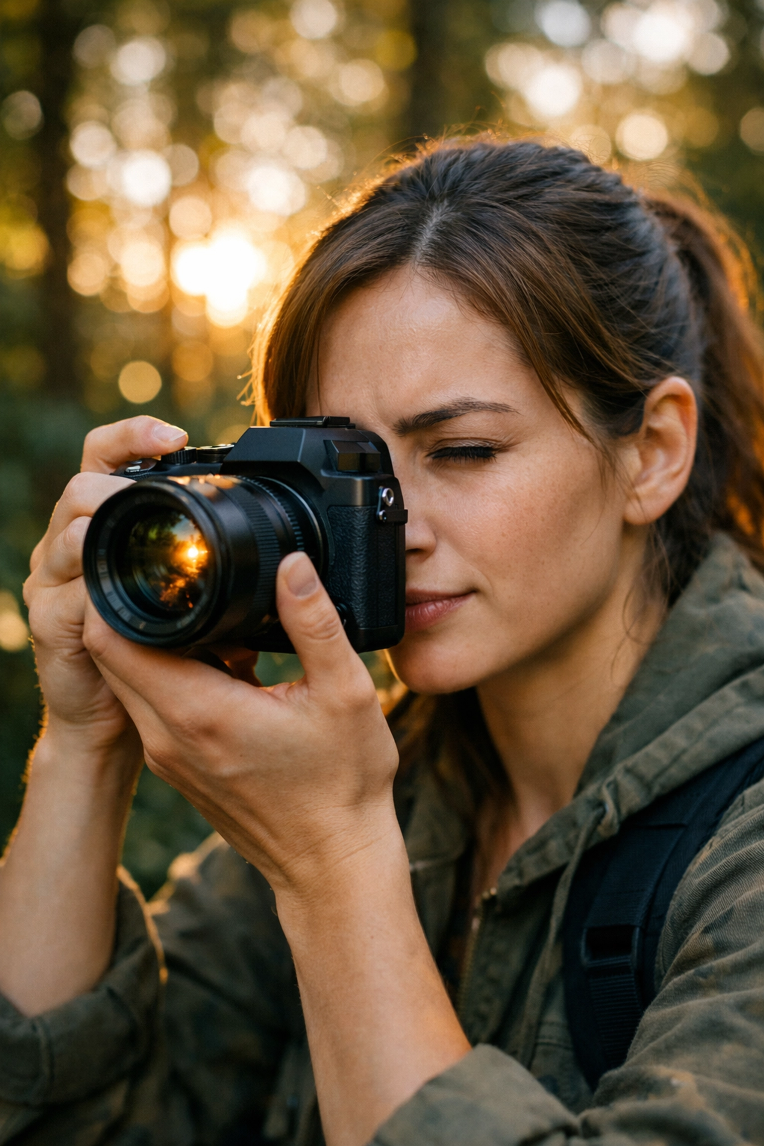 Beginner photographer using a mirrorless camera electronic viewfinder for manual mode practice outdoors.