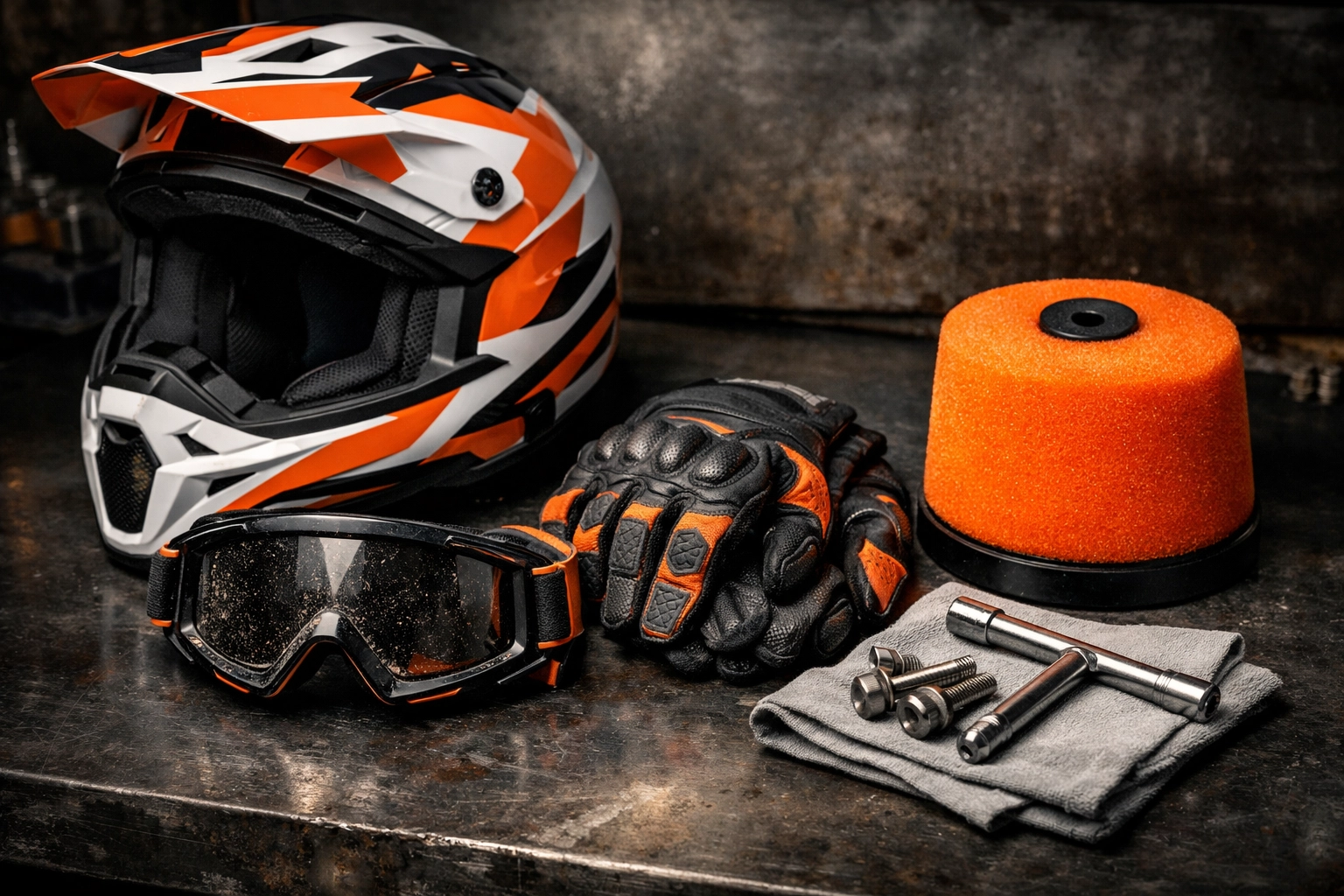 Premium KTM off-road gear and a clean air filter on a workbench, ready for Northern Nevada desert trails.