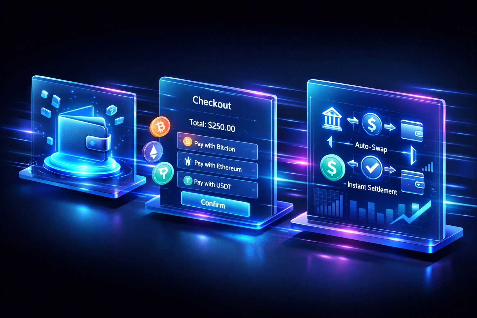 Three-step Web3 crypto wallet setup process for merchant payment integration