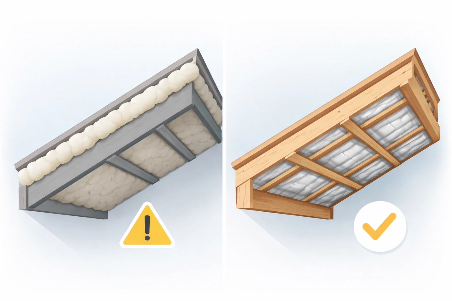Comparison graphic of spray foam and multifoil loft insulation showing visible, accessible roof timbers with foil.