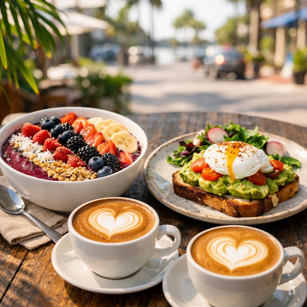 A gourmet breakfast spread in Cape Coral, demonstrating professional food photography tips for travelers.