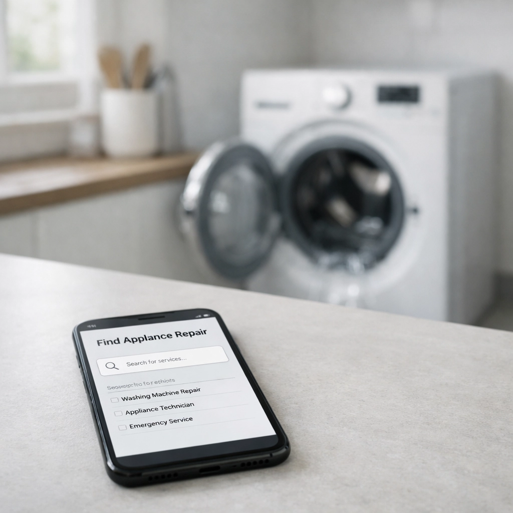Customer searching for appliance repair services on phone next to broken washing machine