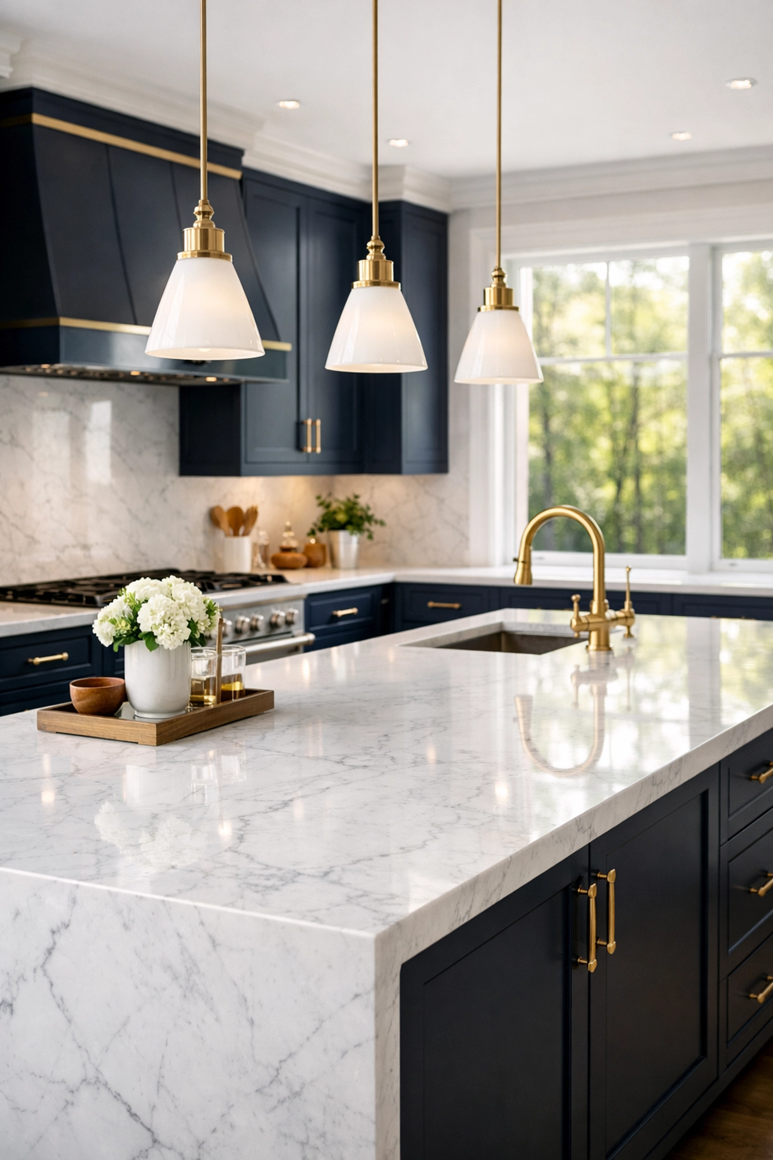Professional house cleaning Lincoln MA ensures a sanitized luxury kitchen with sparkling marble surfaces.