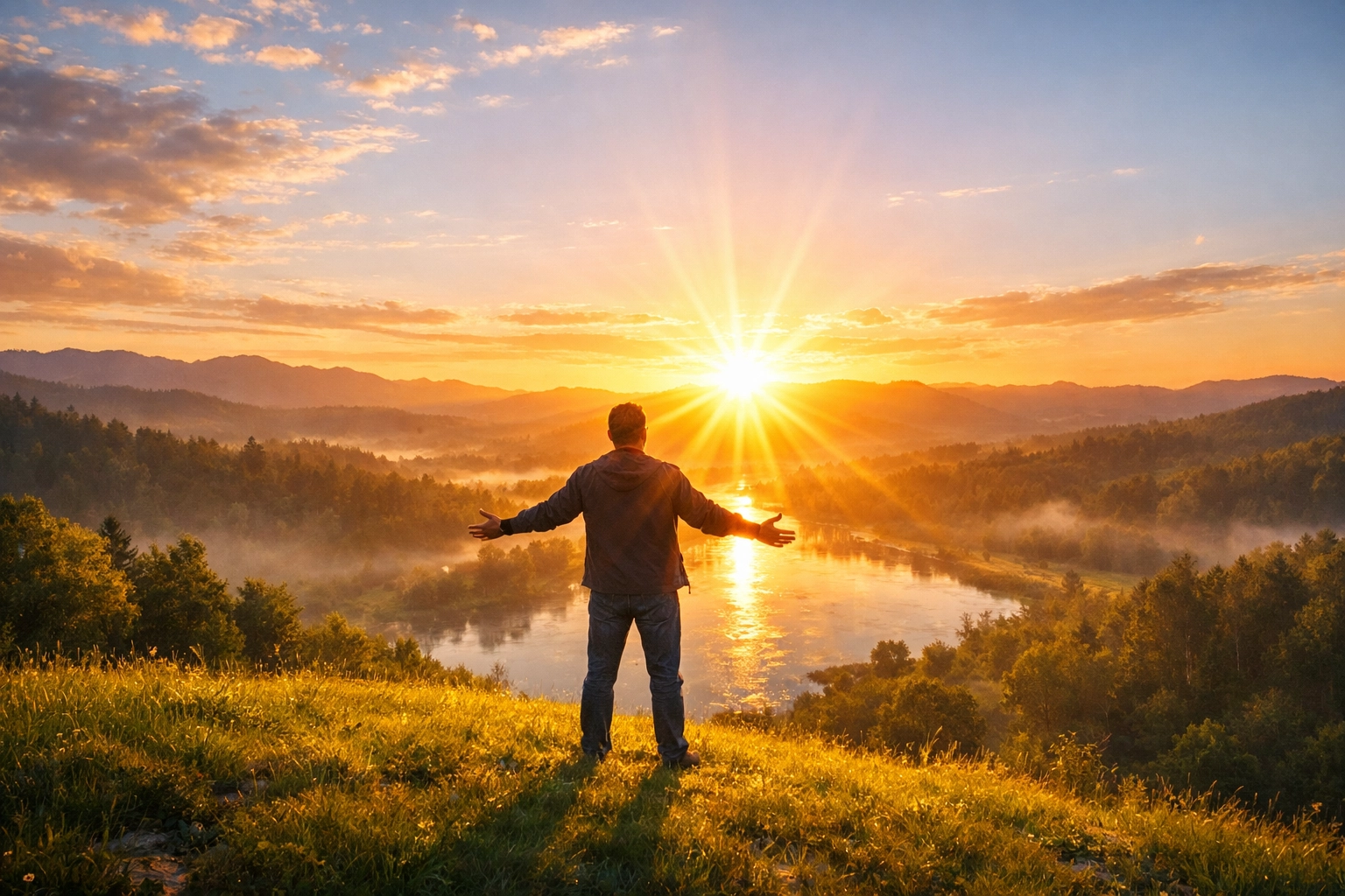 A person stands at sunrise on a hilltop representing the new life in Christ and spiritual rebirth.