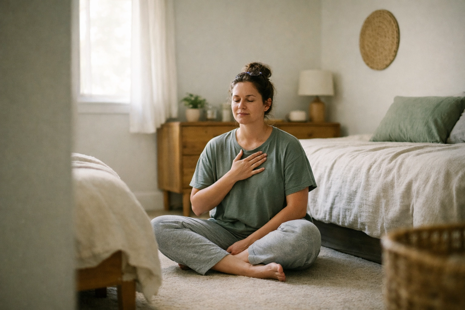 Parent with ADHD taking a sensory break with calm breathing exercise on bedroom floor