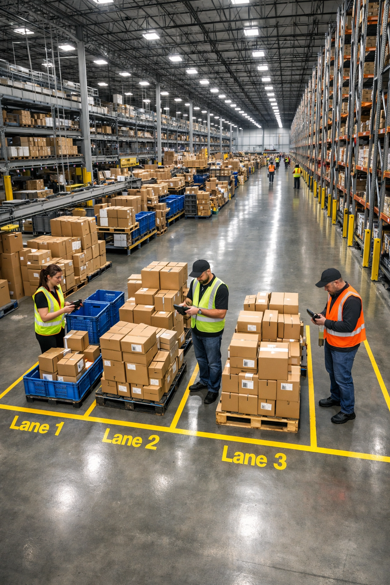Warehouse management and logistics solutions showing streamlined staging and optimized labor movement.