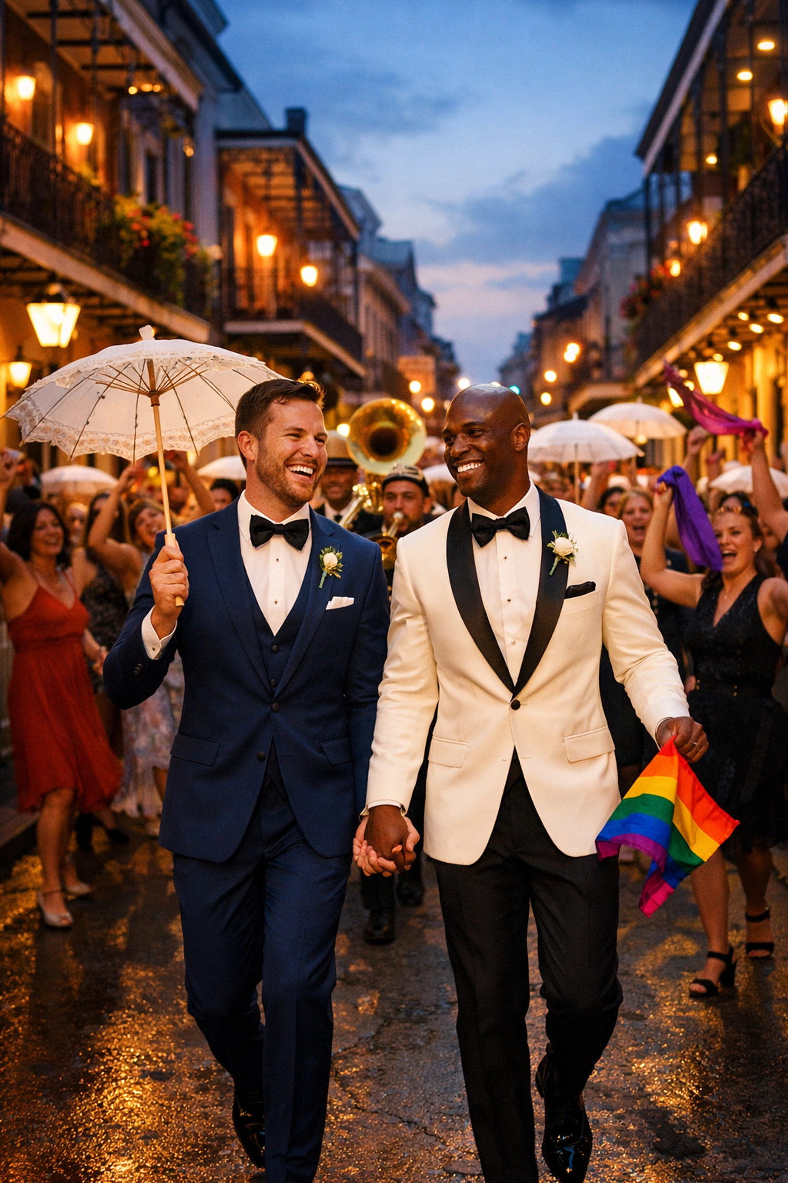 Two grooms lead traditional Second Line parade through French Quarter streets after New Orleans wedding