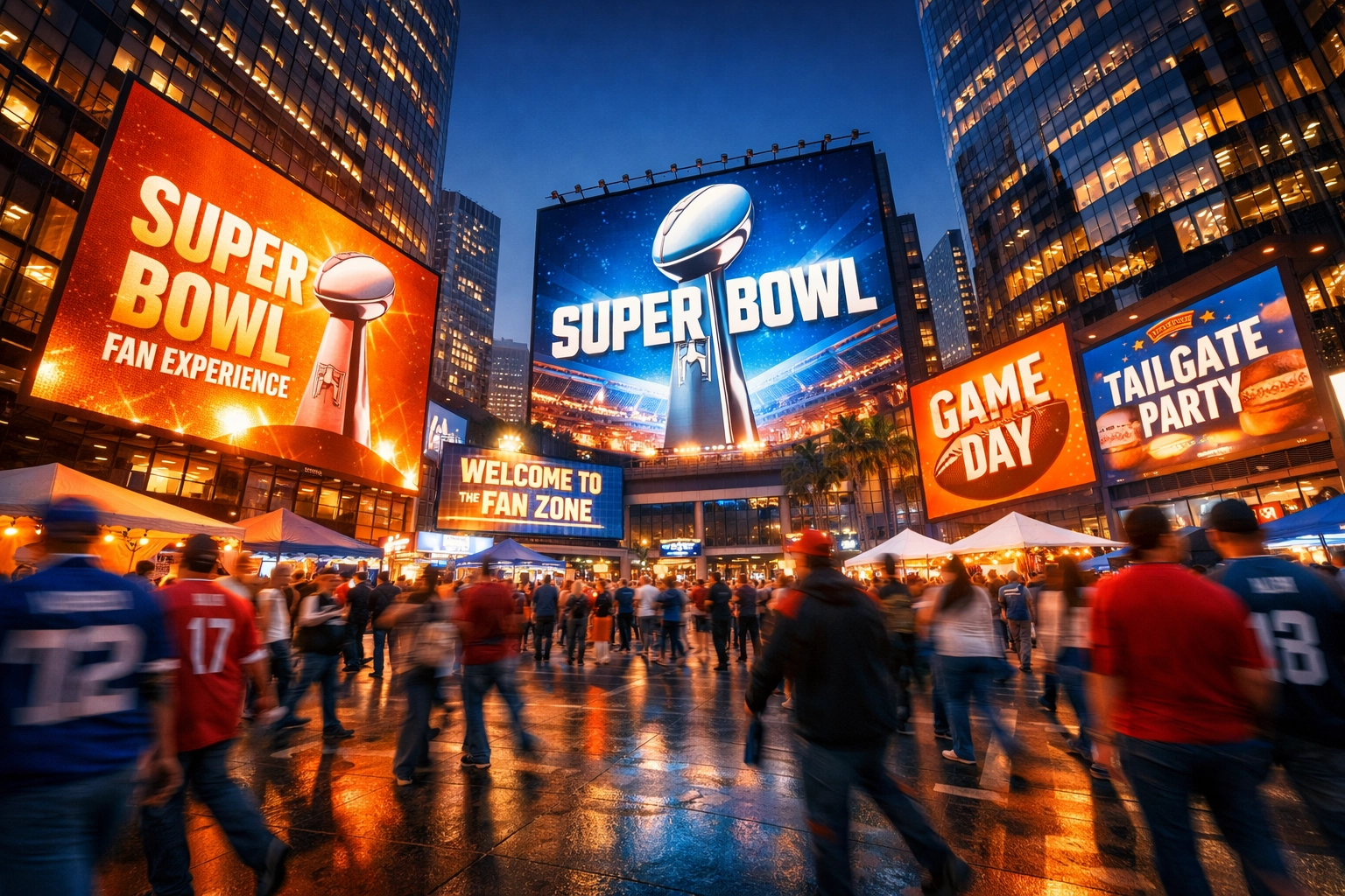 Vibrant Super Bowl 2026 fan zone with Sporttron digital billboards reflecting the local host city atmosphere.