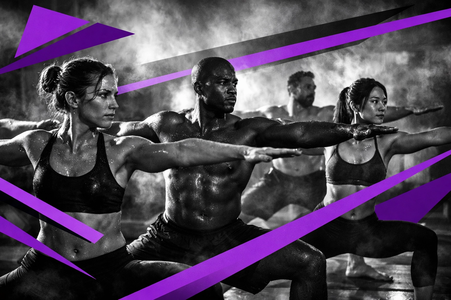 Group practicing hot yoga warrior poses in heated studio near NRG Houston