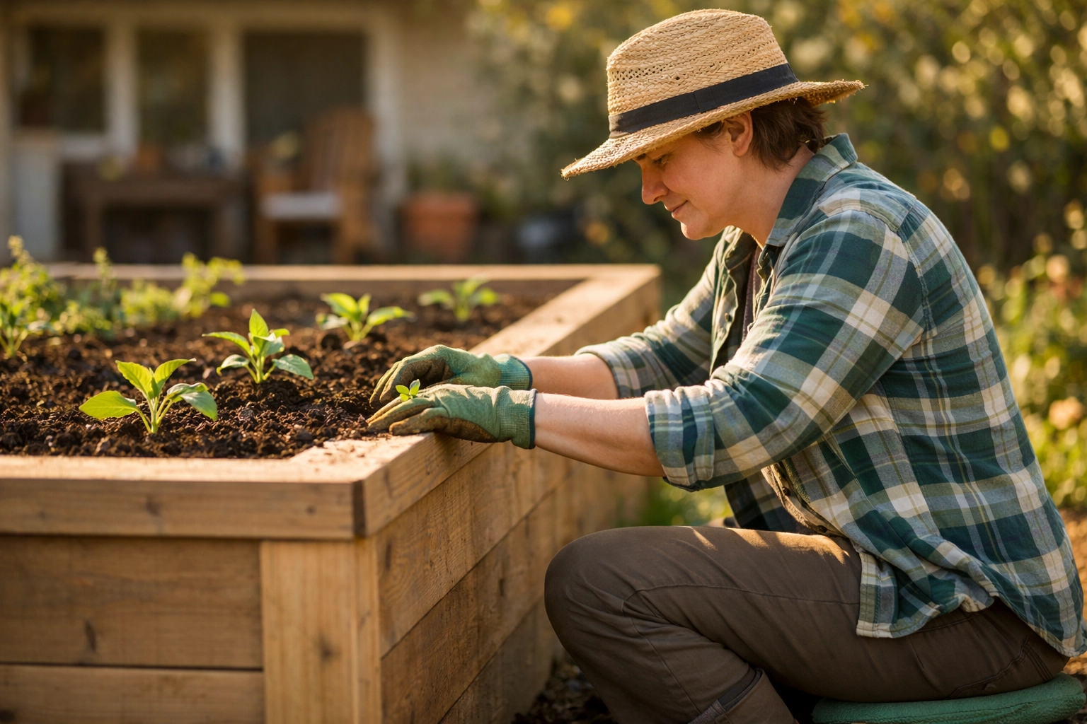Gardener kneeling comfortably beside raised bed planting seedlings in backyard garden