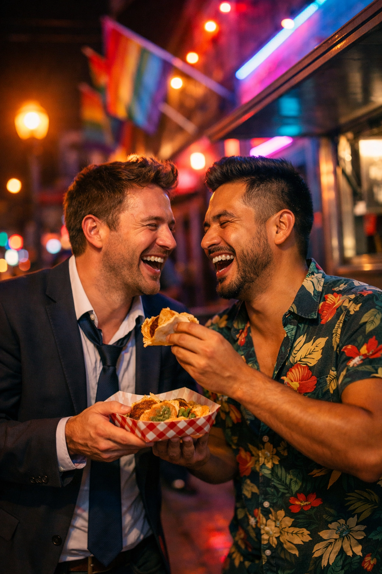 Two men enjoying late-night tacos in Houston's Montrose LGBTQ+ district