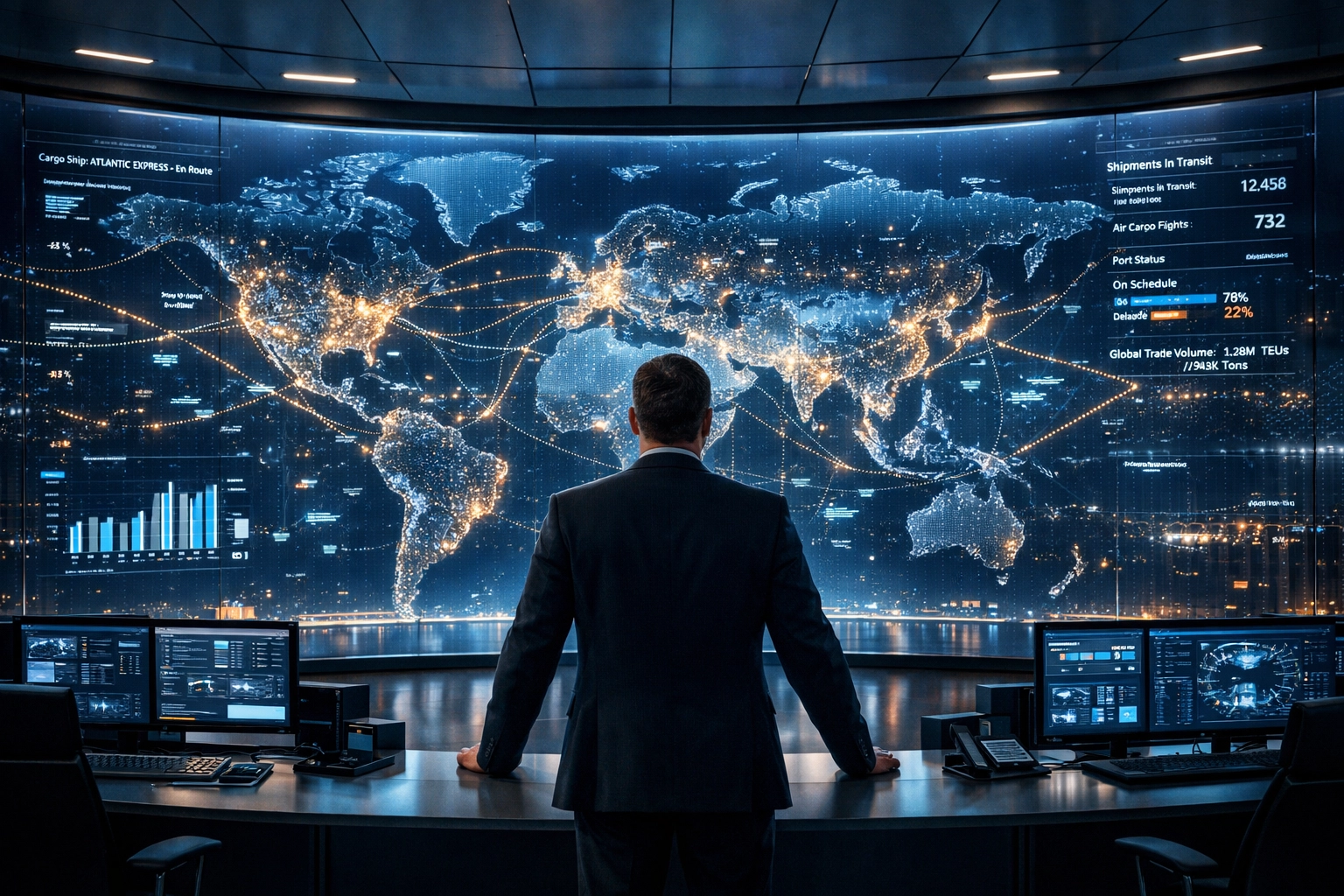 Executive overseeing global supply chain orchestration and third party logistics providers in a 4PL command center.
