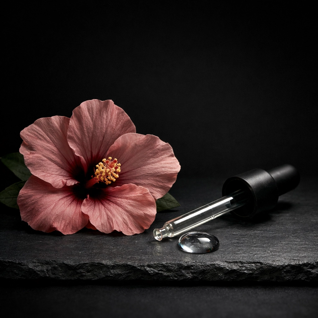 Natural hyaluronic acid serum droplet with hibiscus flower for sensitive skin hydration