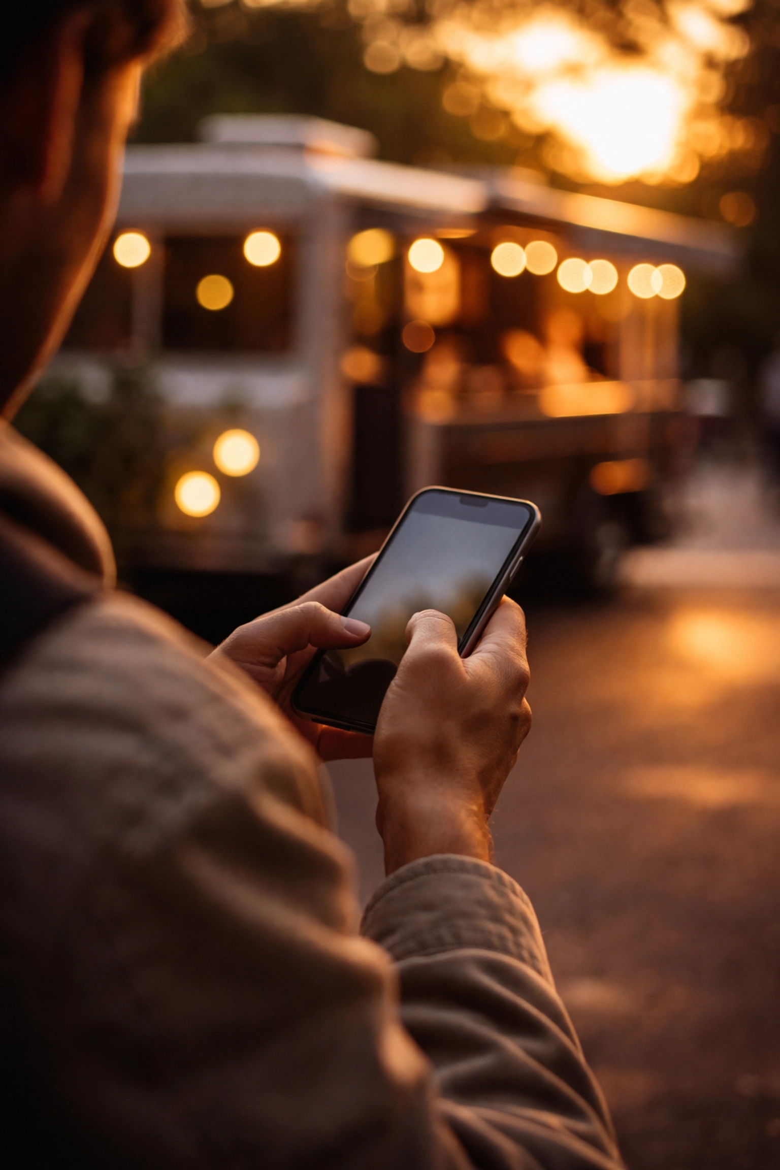 Person booking a Utah pizza food truck on a smartphone, illustrating instant self-scheduling and convenience