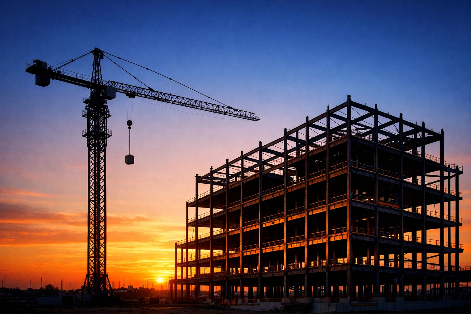 Construction project management services overseeing a large-scale commercial building project at sunset.