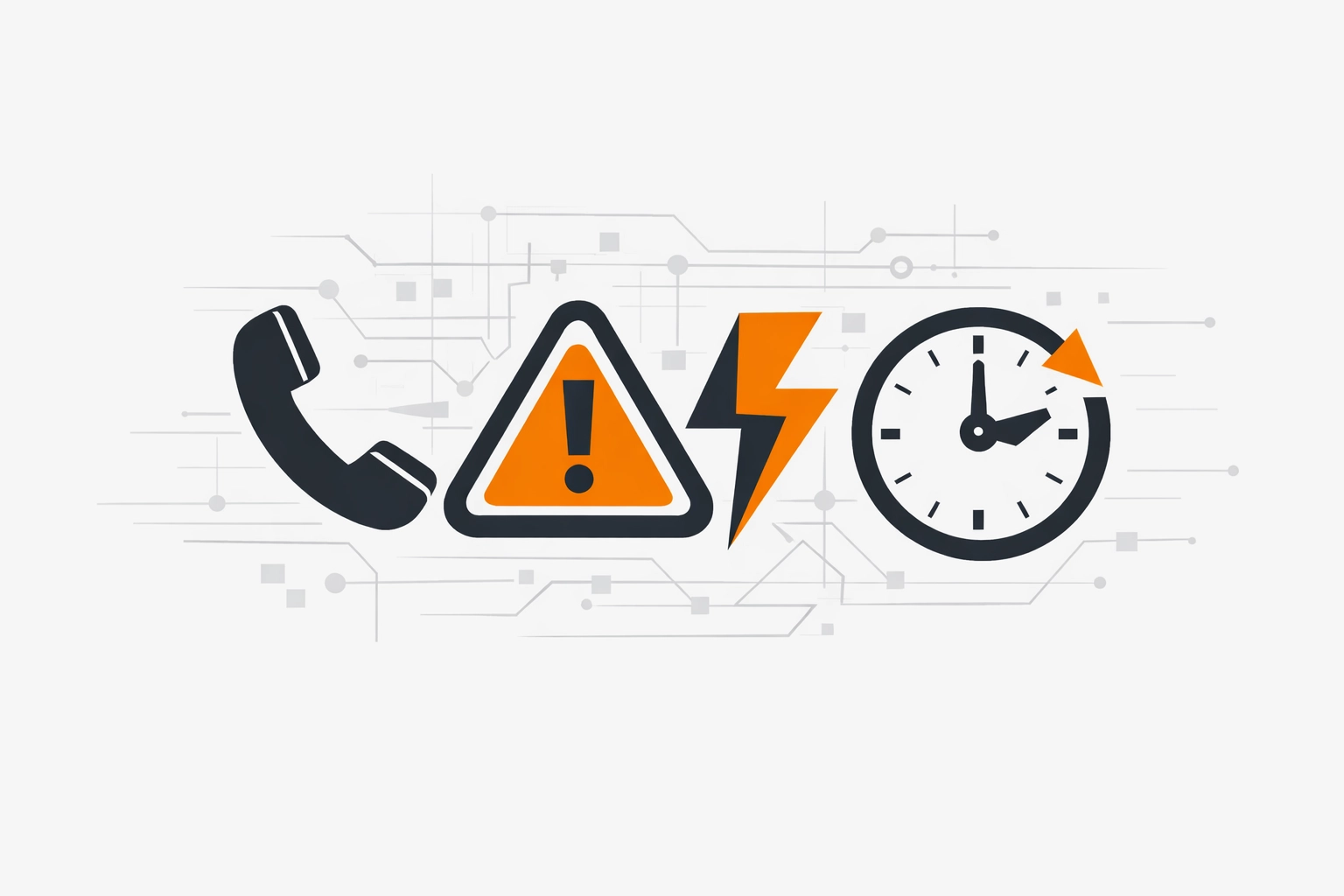 Illustration: Notdienst-Signal abstrakt – Telefon, Warnsymbol, Blitz und Uhr-Icon mit Schaltkreis-Muster im Elektro-Zentrum CI-Stil (Schwarz/Grau/Weiß, Akzent-Orange)