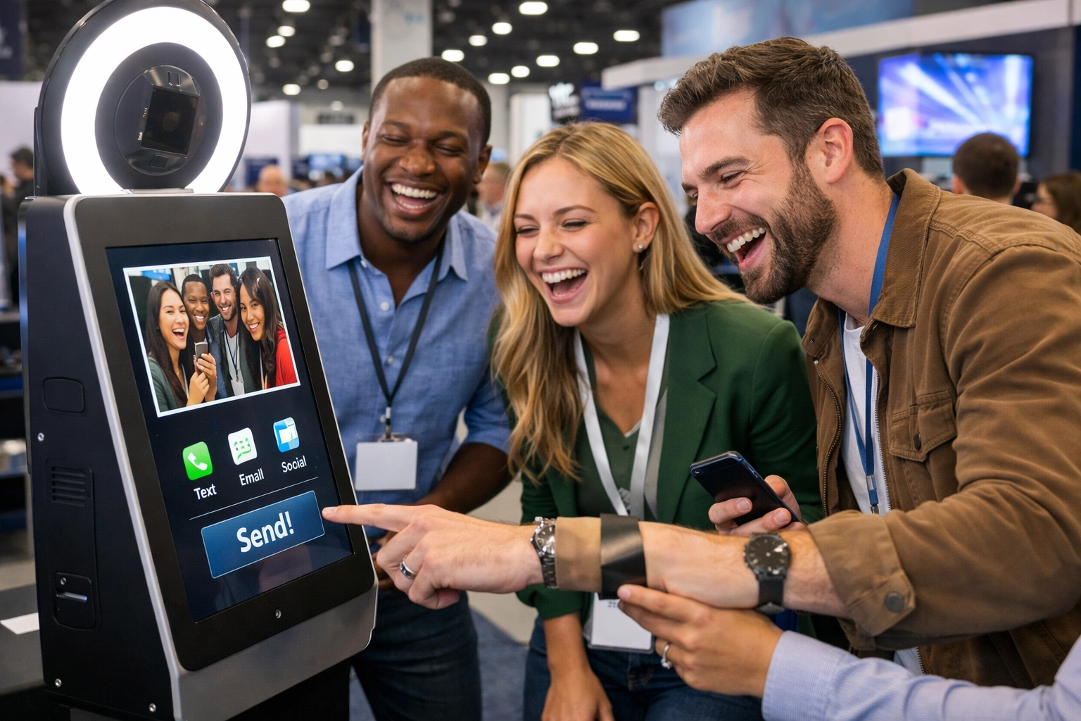 Diverse attendees networking and engaging with a high-tech photo booth