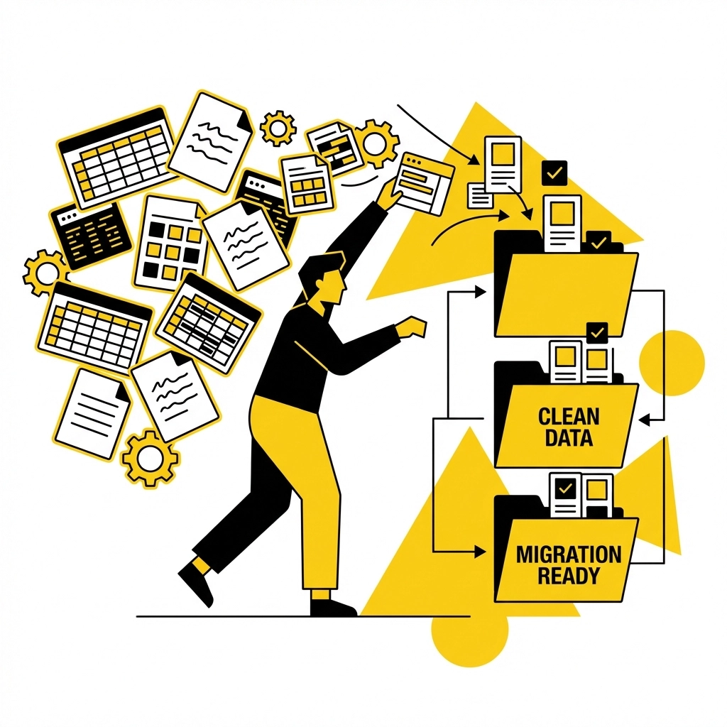 A person organizes data files into folders labeled "Clean Data" and "Migration Ready" with gears. Yellow and black color scheme.