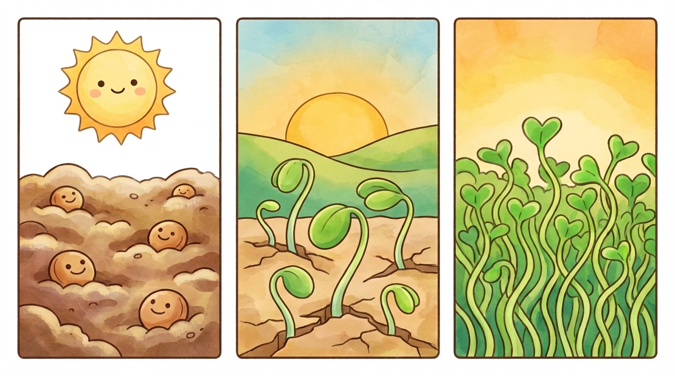 Retro cartoon panel showing the growth stages of microgreens indoors, from seeds to sprouts to leafy greens.