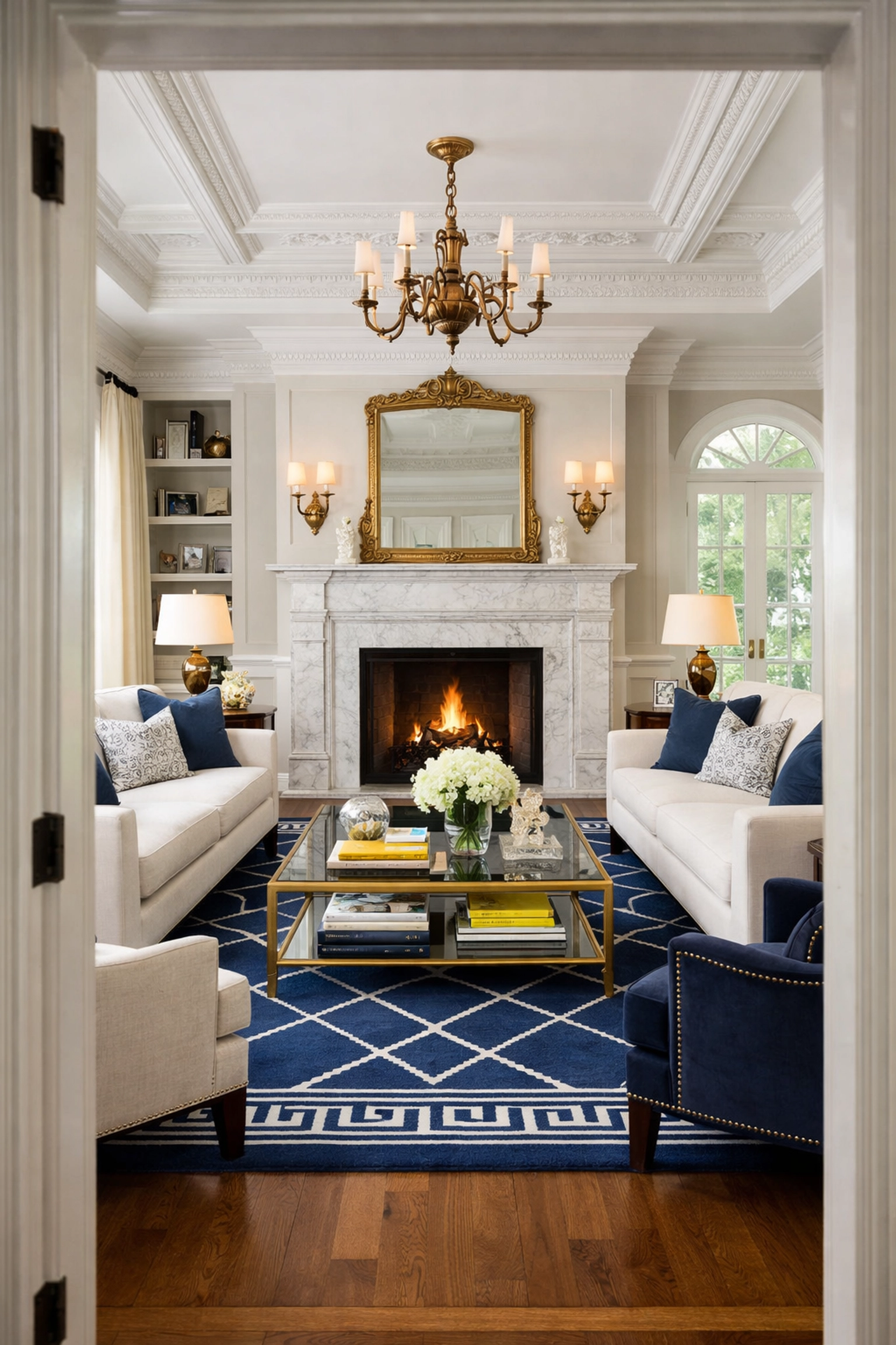 Pristine formal living room with a marble fireplace, an example of high-end luxury house cleaning in Wenham.
