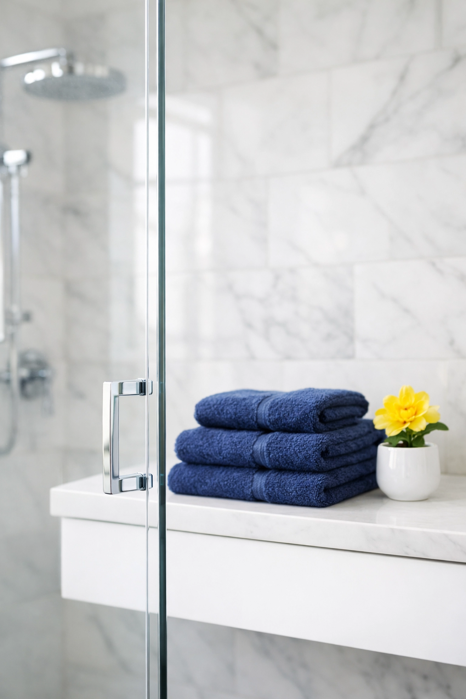 Eco-friendly residential cleaning Massachusetts bathroom with a streak-free glass shower and marble walls.