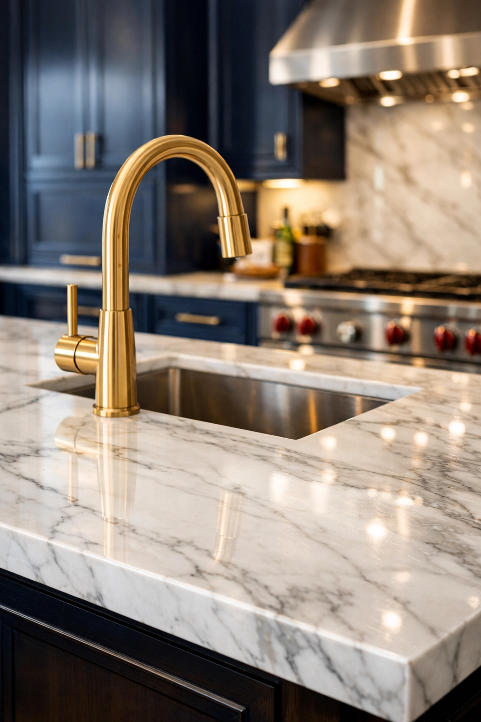 Streak-free marble countertop in a high-end Hingham kitchen highlighting expert luxury cleaning.
