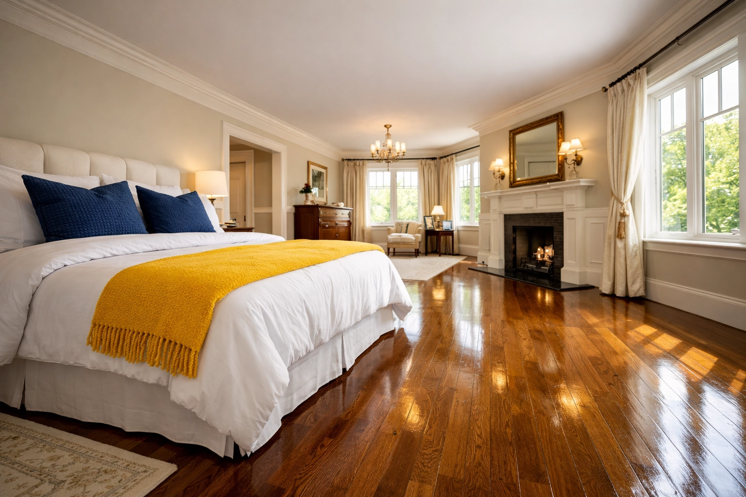 A pristine luxury master bedroom in a Massachusetts home after professional residential cleaning MA.