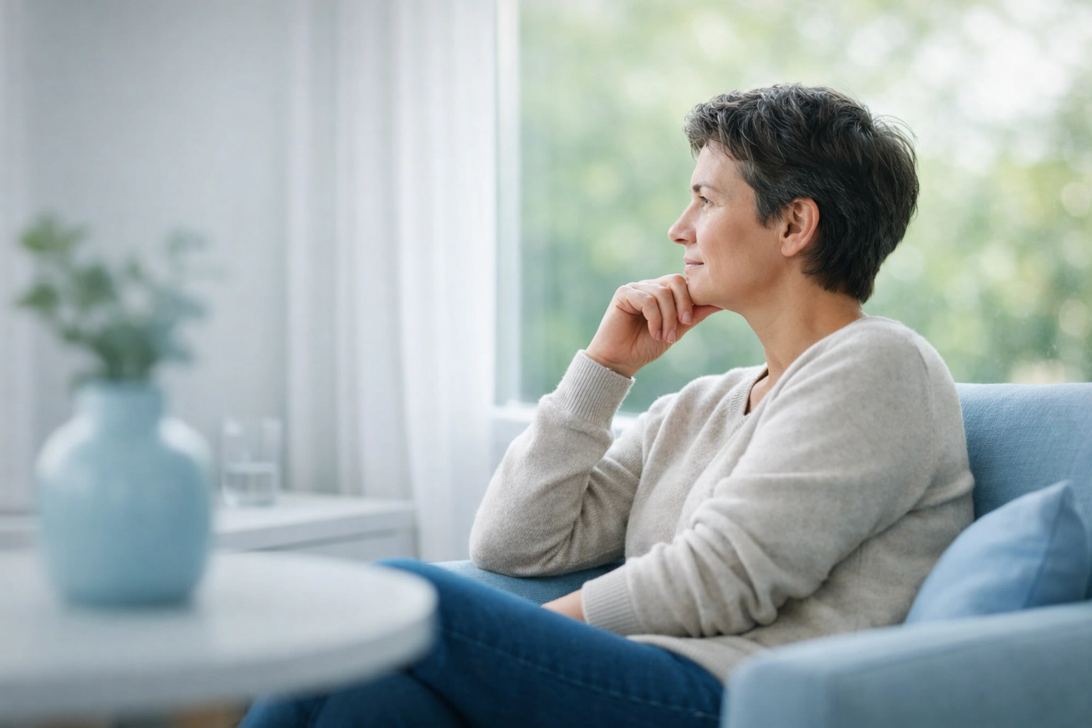 A person in a calm state looking out a window, representing mentalization and cognitive repair.