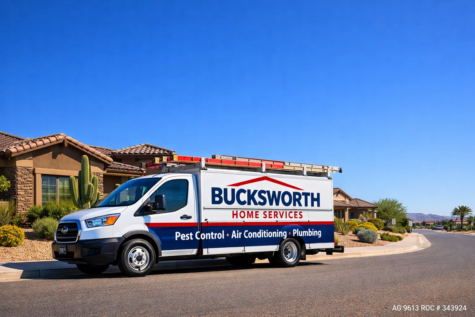 Bucksworth Home Services truck in a Mesa neighborhood for water heater repair and plumbing service.