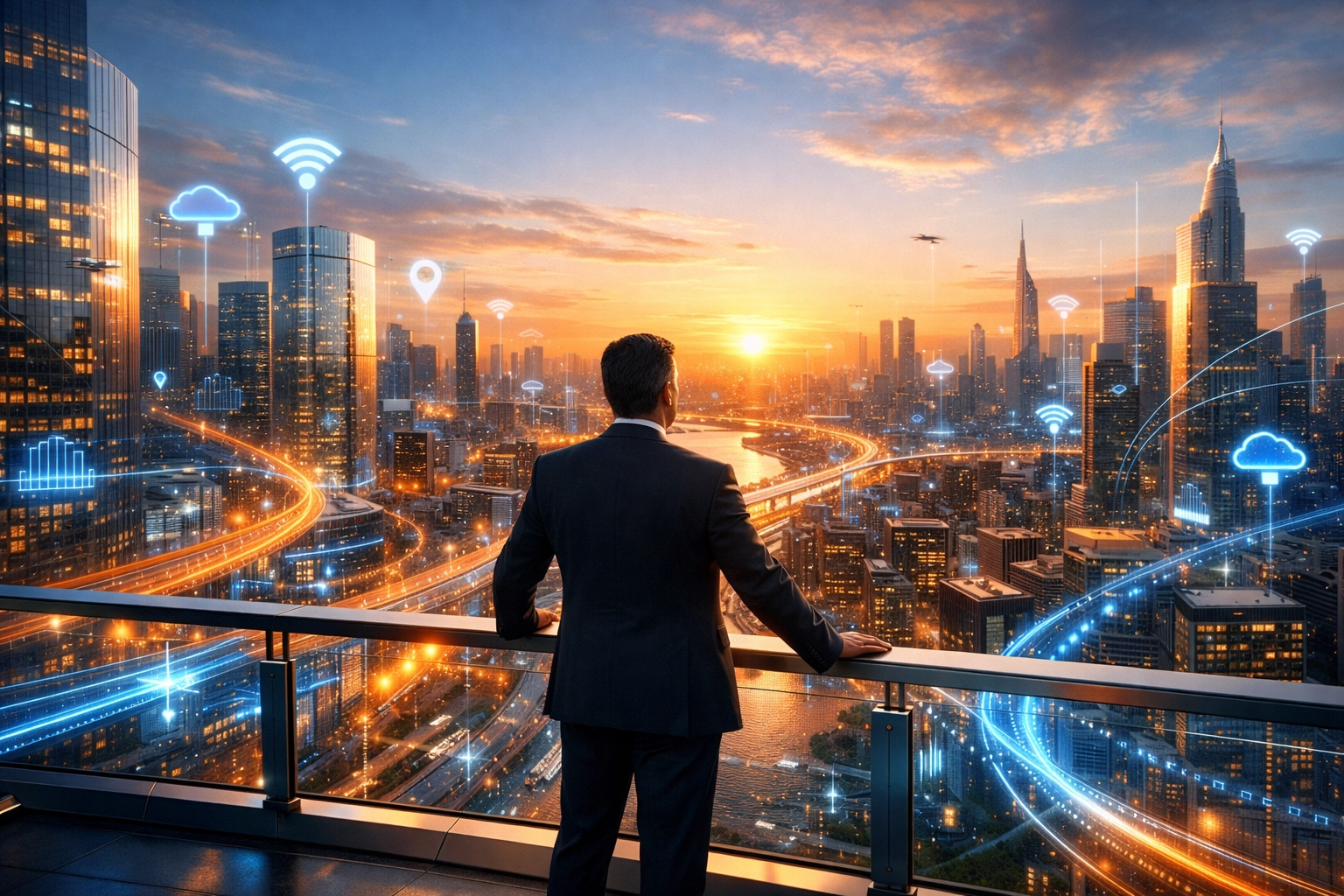 A tech leader overlooking a digital city representing the future of software development in 2026.