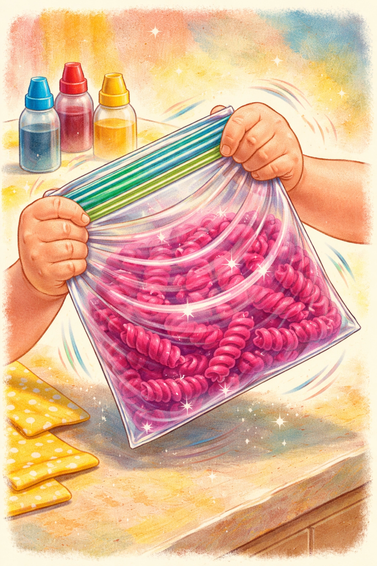 Hand-drawn illustration of a child shaking a ziplock bag to mix magenta food coloring into pasta for necklace crafting.