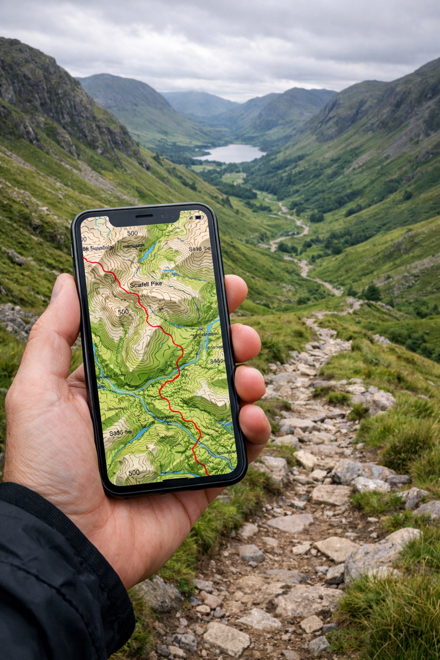 A digital map on a smartphone used for navigation while hiking through the valleys of the UK Lake District.