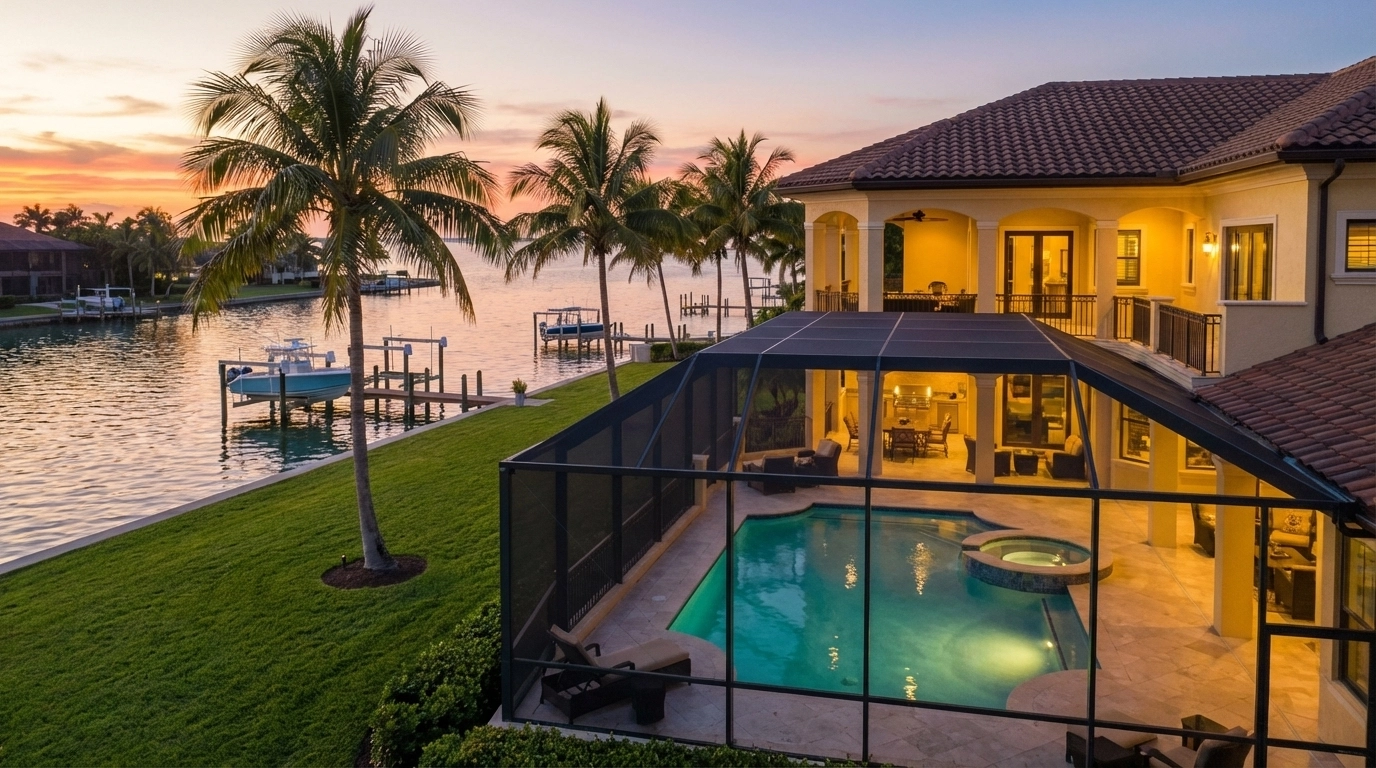 Professional real estate photography of a luxury waterfront pool home in Naples, Florida