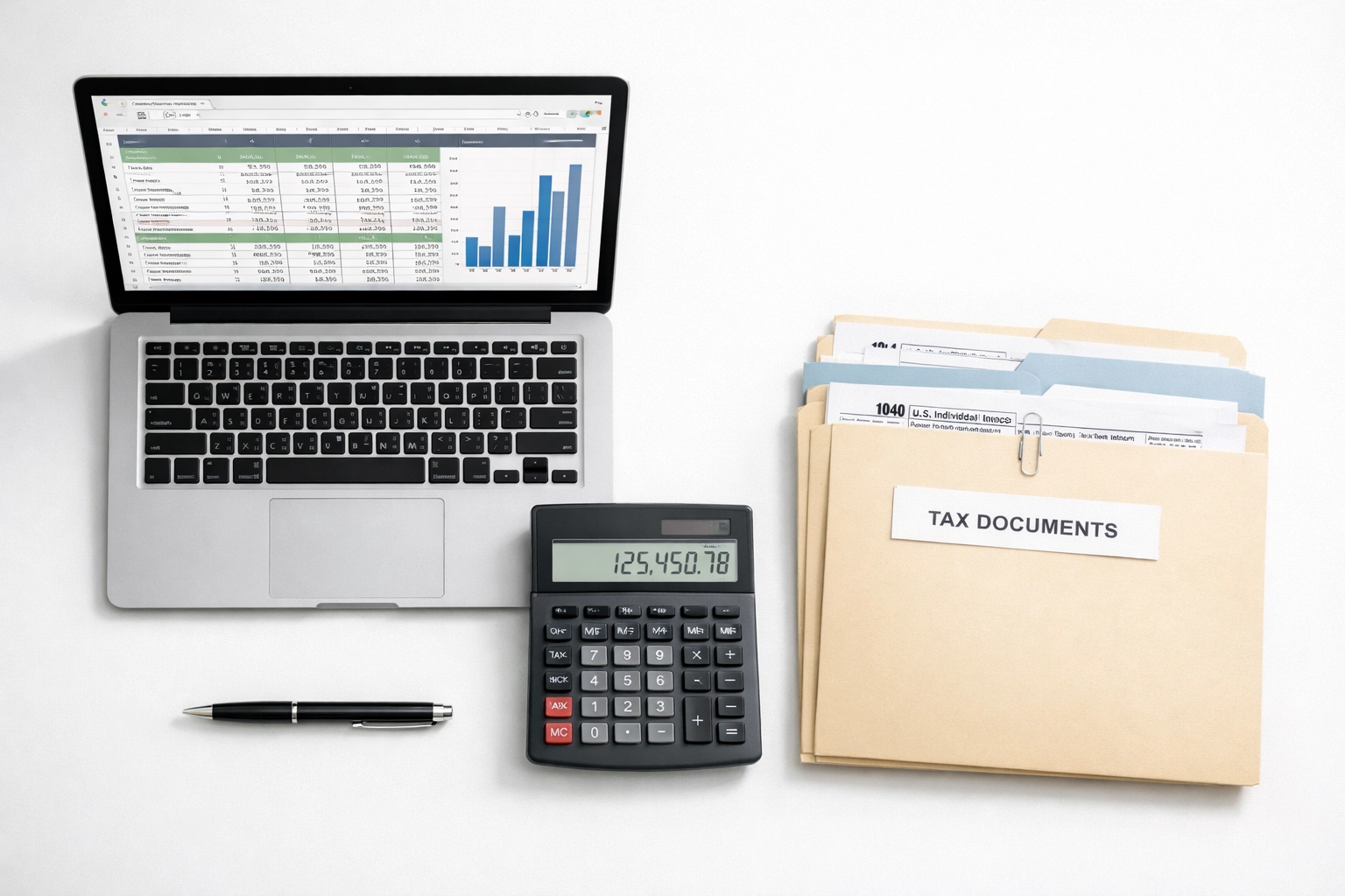Organized tax preparation workspace with documents and calculator for service bureau operations