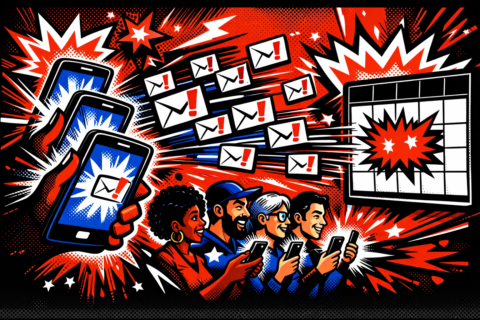 Retro comic-style clinic appointment slot being filled instantly through automated waitlist outreach.