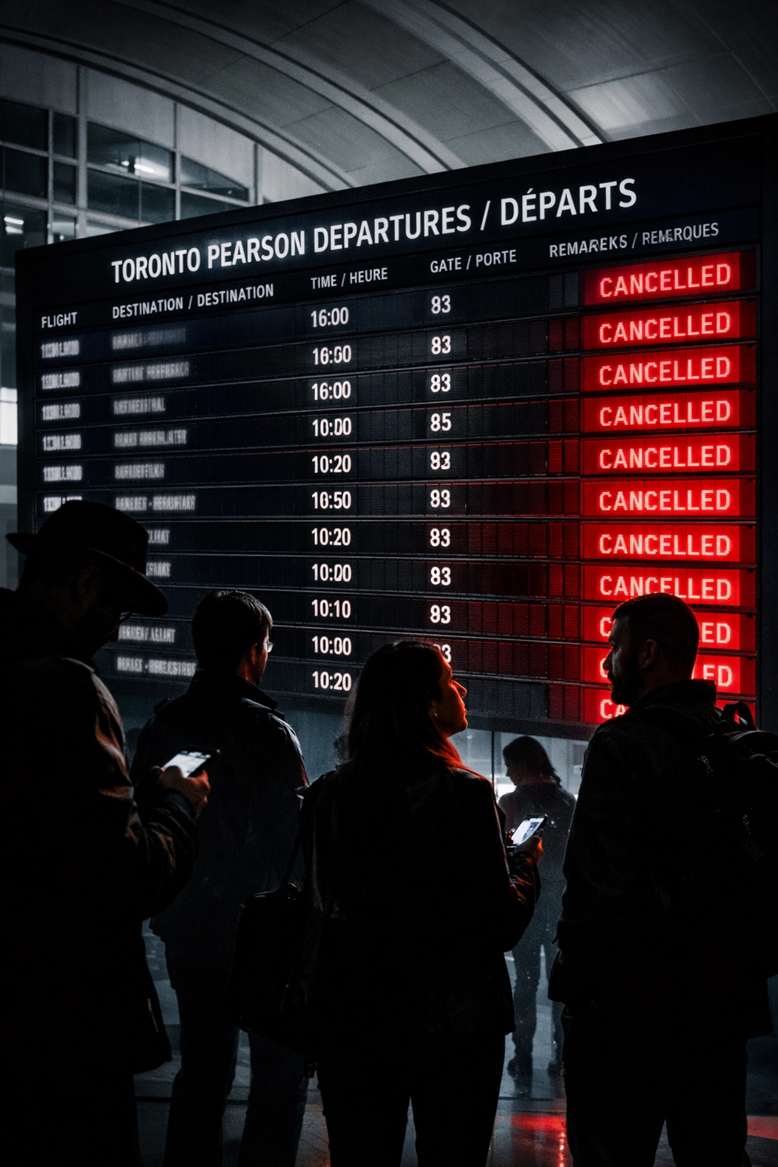 Toronto Pearson Airport departure board showing cancelled flights to Mexico amid travel disruptions