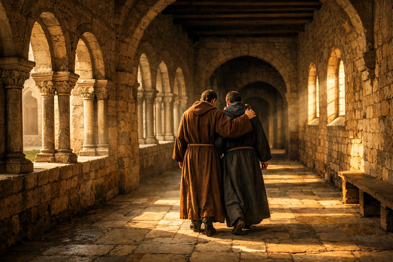 Medieval monks in monastery cloister representing spiritual brotherhood bonds