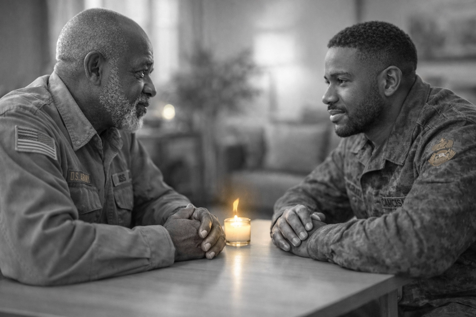Two Christian Urban Christian Veterans of color talking during moral injury treatment to find healing through community.