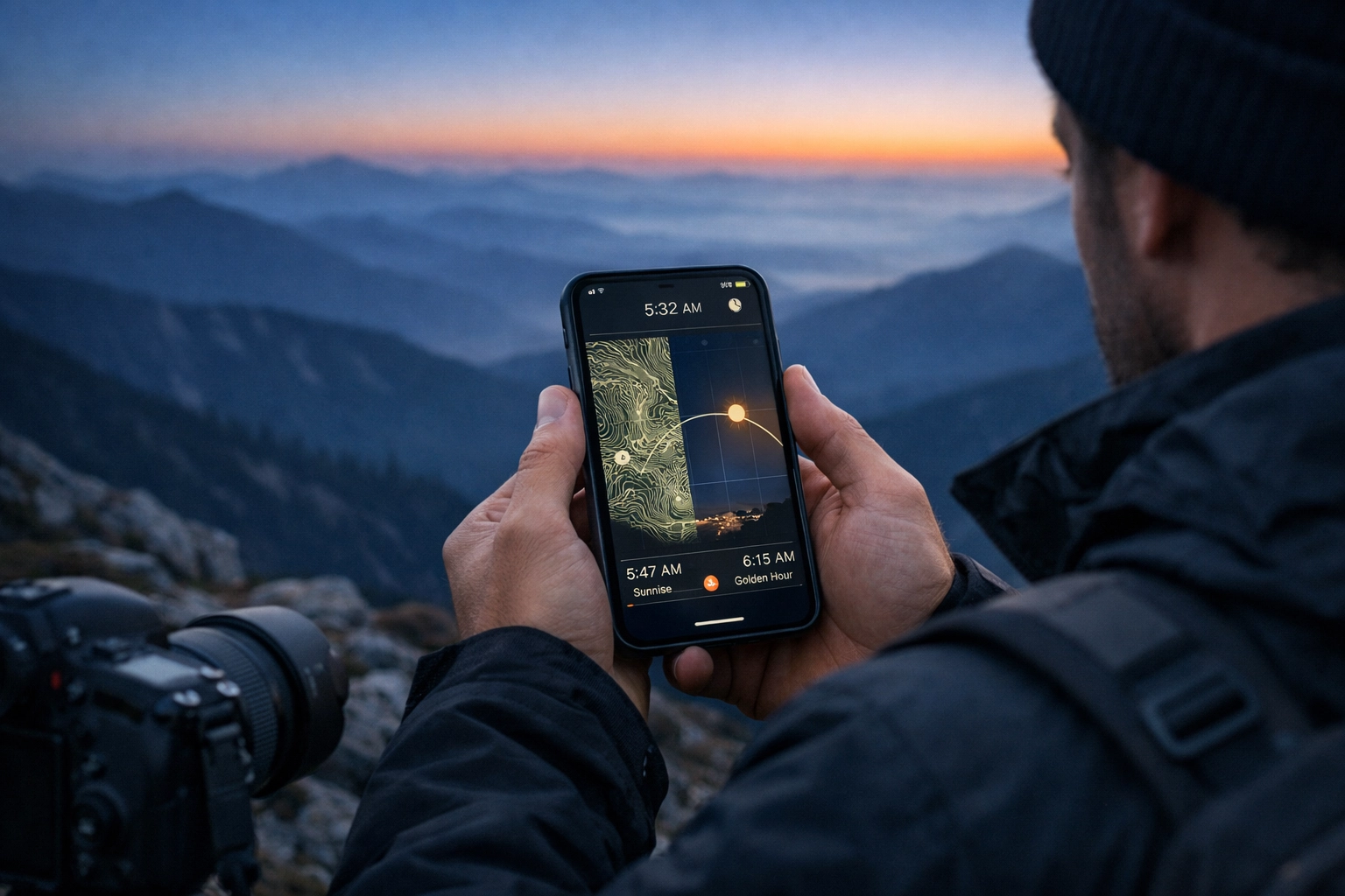 Photographer using a smartphone app to scout mountain photography locations at sunrise.