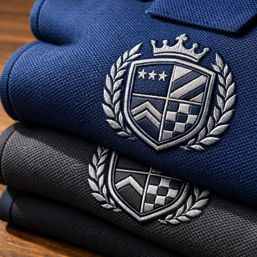 Close-up of professional custom embroidered polo shirts showing high-quality stitching for business branding.