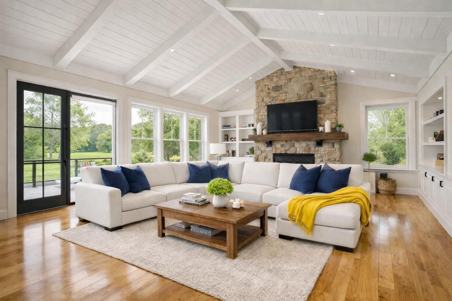 Eco-friendly weekly cleaning in Hadley, MA: professionally cleaned living room with sparkling floors.