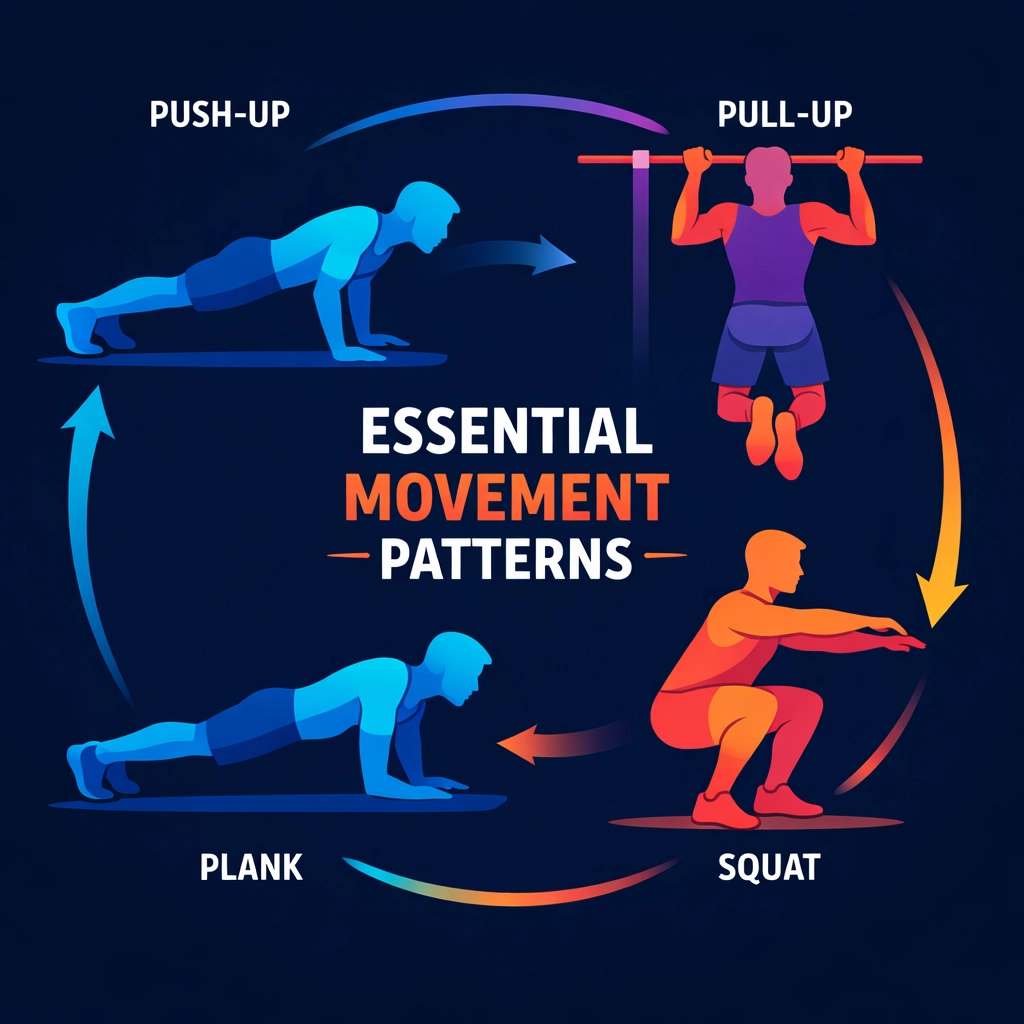 Four essential full-body movement patterns: push-up, pull-up, squat, and plank exercise positions