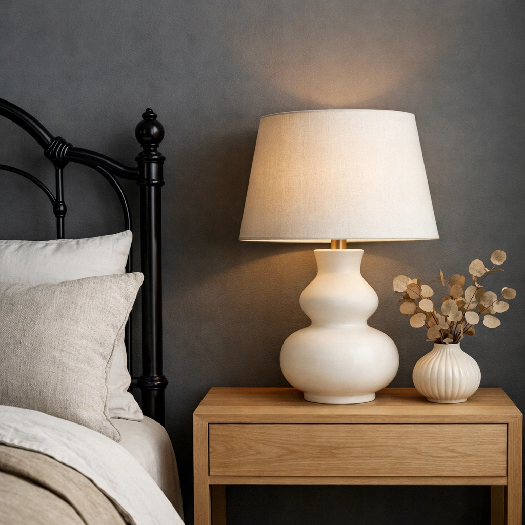 Victorian-inspired headboard paired with a minimalist nightstand in a high-end virtual design concept.